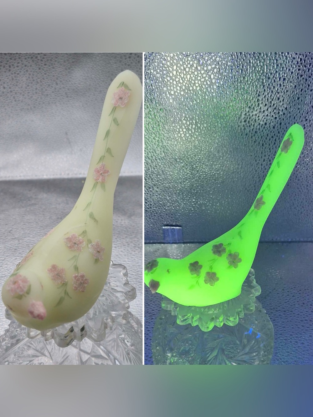 Fenton Glowing Bird of Happiness Pink Daisies on Custard Glass w/ Frit ZESINGER